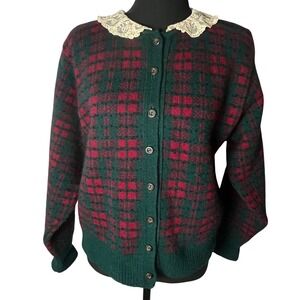 Blarney Woollen Mills Green Red Plaid Lace Collar Wool Cardigan Sweater Womens M
